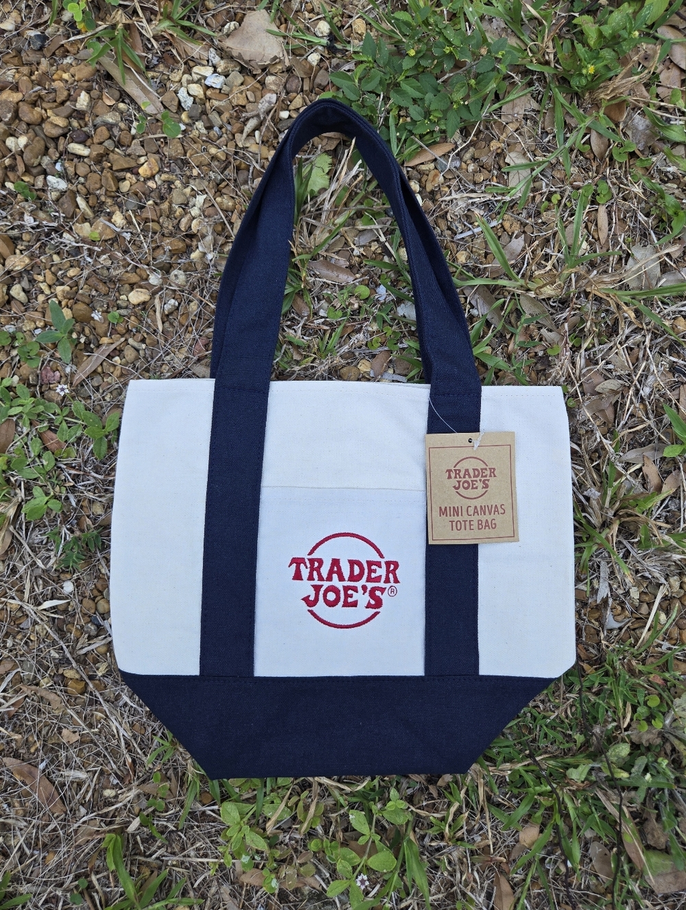 NWT Trader Joe's Mini Canvas Tote Bag, Natural Color, Navy Straps and Red Logo